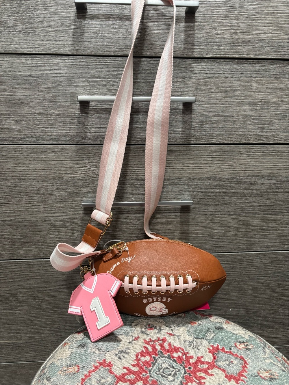 Betsey Johnson Brown Football Crossbody with Pink Lacing & Strap Accents